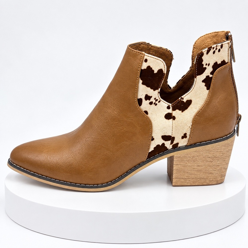 Natural Reflections Womens 8.5 Tan Cow Print V-Cutout Western Ankle Booties